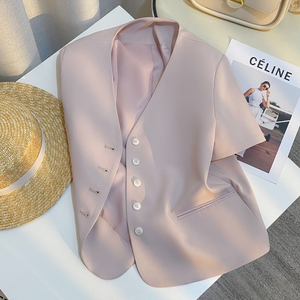 淡粉色小香风短袖西装短外套女2024夏季新款法式气质优雅高级上衣