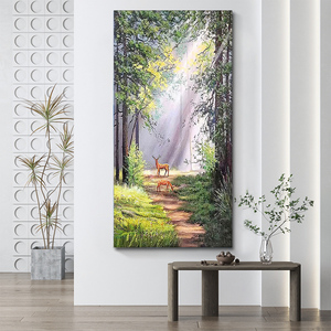 美式客厅抽象梅花鹿的挂画入户玄关树林风景手绘油画高级感装饰画