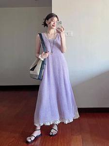 韩系慵懒风紫色长款镂空罩衫女夏季外搭无袖背心海边针织连衣裙子