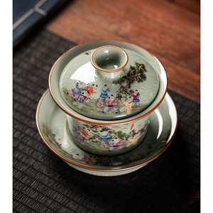 景德镇三才盖碗粉彩百子图马蹄盖碗茶杯单个家用陶瓷功夫泡茶碗