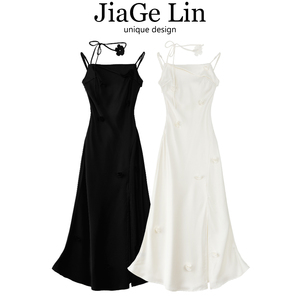 JiaGeLin高级感醋酸真丝缎面白色连衣裙女夏季设计感开叉吊带长裙