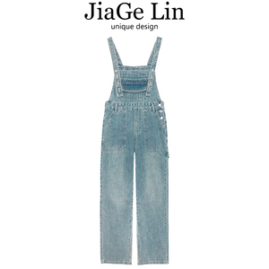 JiaGeLin美式高街做旧磨白牛仔背带裤女夏季高腰裤腿开叉设计长裤