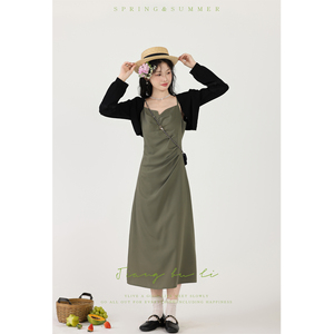 江不离【林荫鸣蝉】新中式绿色吊带连衣裙女2024国风初夏穿搭套装
