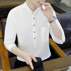 100%纯棉七分袖衬衫男夏季棉麻中国风白色立领中袖寸衫短袖衬衣服