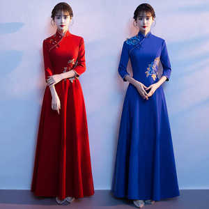 大合唱团演出服装女2024新款红歌主持人晚礼服礼仪长裙旗袍中国风