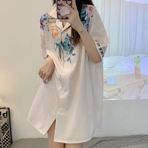 冰丝睡裙女2023年新款夏季短袖薄款高级感牡丹花衬衫连衣性感睡衣