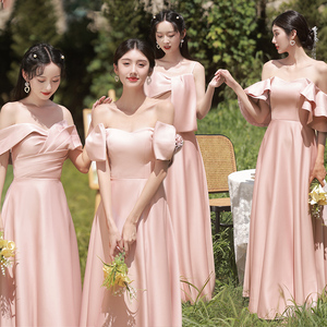 粉色婚礼伴娘服2024新款高级感缎面平时可穿仙气姐妹团礼服连衣裙