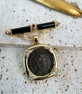 保真古币K金镶嵌黑玛瑙古币胸针古罗马皇帝君士坦丁大帝铜币吊坠