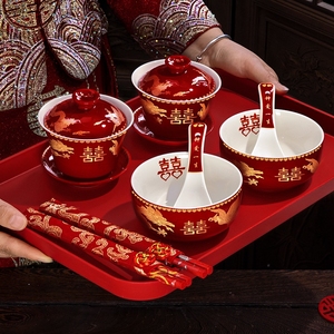 景德镇敬茶杯子喜碗结婚礼喜事红色改口盖碗茶具对碗筷套装陪嫁用