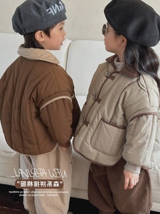 森系范~韩版儿童撞色拼接棉服2024冬装新款男童女童洋气保暖棉衣