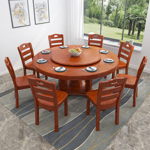 实木餐桌椅组合家用圆形饭桌带转盘饭店歺桌现代简约电磁炉10人桌