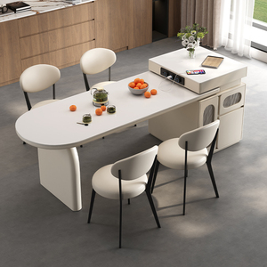 岛台餐桌一体式现代简约家用可伸缩实木岩板饭桌奶油风高端中岛台