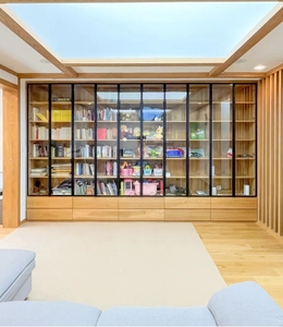 定制中式原木风黑胡桃木实木一体落地整墙带门书柜书墙展示储物柜