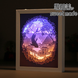 思唯美3d立体光影纸雕灯大鱼海棠创意立体木质相框纸雕灯