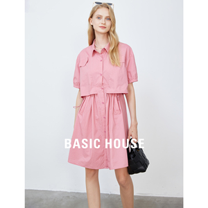 Basic House/百家好假两件粉色衬衫连衣裙女2024夏季气质超好看裙