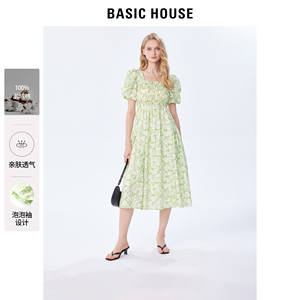 Basic House/百家好泡泡袖绿色连衣裙女2024夏季新款印花方领裙子