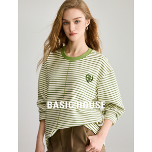 Basic House/百家好绿色条纹长袖T恤女2024春季新款减龄内搭上衣