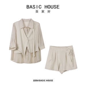 Basic House百家好2024年春夏新款假两件设计感抽绳衬衫套装裤裙