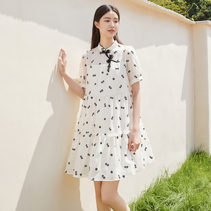 Lucidy/鲁思蒂新中式国风短袖连衣裙2024新款女夏季气质印花裙子