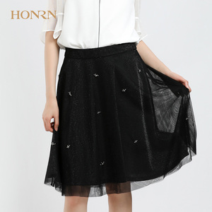 HONRN/红人新款黑色修身短裙子a字半身裙女夏季中长款显瘦网纱裙
