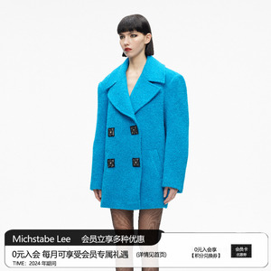 MASHAMA 2023秋冬新款女士宝蓝色双排扣毛尼大衣韩版宽松上衣外套