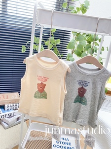 俊妈童装男童女童小宝儿童夏装V4韩版卡通小熊印花坑条背心T恤