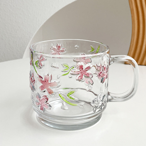 创意樱花玻璃杯加厚早餐杯子家用带把泡茶水杯透明咖啡杯女牛奶杯