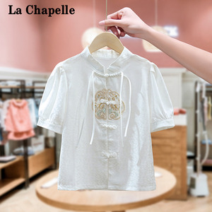 拉夏贝尔童装女童国风衬衫夏季新款儿童洋气白色新中式短袖小女孩