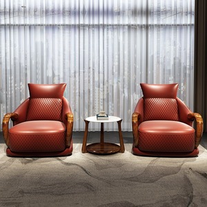 乌金木新中式休闲椅实木真皮单人椅设计师沙发高背椅老虎椅旋转椅
