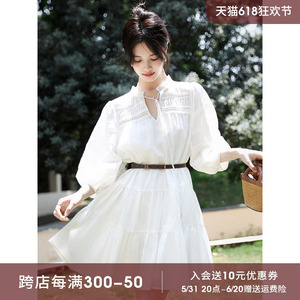 梅子熟了【芙蕾雅】纯棉文艺度假风白色长袖连衣裙夏季新款法式裙