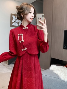 地素新中式旗袍红色连衣裙敬酒服套装女秋冬季新娘订婚回门礼服平