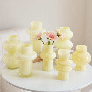 复古ins奶油黄玻璃花瓶摆件客厅插花透明水培鲜花中古小众高级感