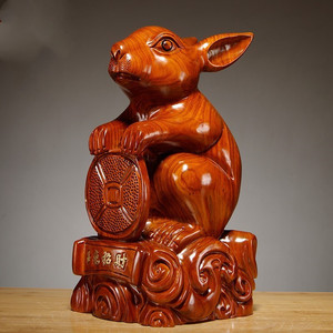花梨木质雕兔子十二生肖动物雕刻摆件红木家居客厅玄关装饰工艺品