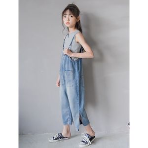 巴拉巴柆女童夏装背带裤套装2024夏季新款潮服炸街七分直筒阔腿牛