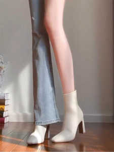 Zara适用白色法式高跟小短靴女2024年夏粗跟方头皮靴新款瘦瘦单靴