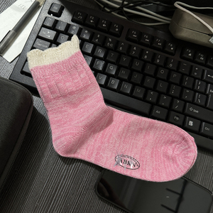 日韩女袜中筒袜粉色花边客供面料光滑软糯外贸袜子