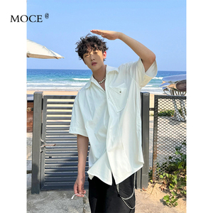 纯白色衬衫短袖男夏季日系cityboy少年感工装衬衣设计感翻领外套