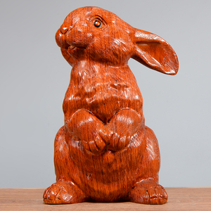黄花梨木雕刻兔子摆件实木头木质风水生肖兔装饰送礼红木工艺品