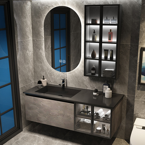 简约现代黑岩板浴室柜组合卫生间洗漱台洗手盆洗脸池卫浴面盆玻璃
