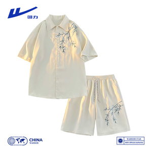 回力潮新中式国风刺绣衬衫短裤套装男夏季潮牌宽松休闲短袖两件套