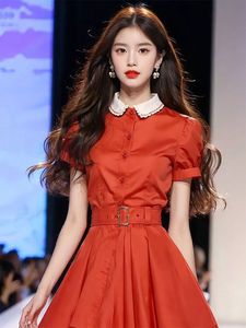 茶歇法式气质绝美裙子高端精致超好看红色娃娃领连衣裙夏季新款女