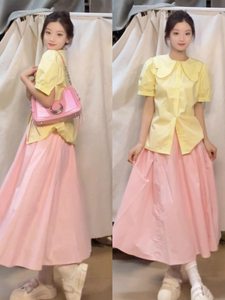 日系学院风奶黄色娃娃领短袖衬衫女夏季甜美减龄宽松休闲衬衣上衣