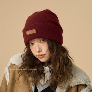 显白酒红色针织毛线帽子女冬季美式复古穿搭羊毛保暖护耳包头冷帽