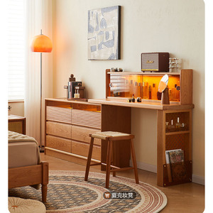实木梳妆台斗柜一体可移动奶油风卧室床尾化妆桌收纳柜转角化妆桌