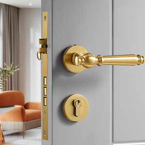 锁宫美式复古静音磁吸木门锁室内法式金色门锁黄铜卧室全铜门把手