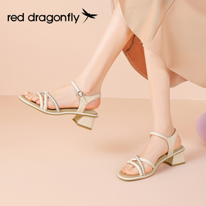 红蜻蜓粗跟凉鞋女2024新款夏季外穿白色时装女鞋仙女风一字带单鞋