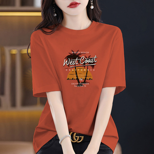 韩系高端橘红色短袖t恤女2024年夏季宽松显瘦气质慵懒风纯棉上衣