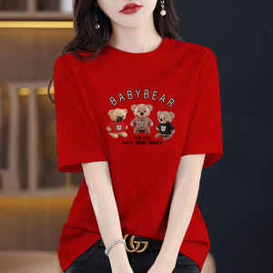 新款纯棉红色短袖T恤女2024年夏季爆款宽松休闲显瘦时尚韩系体恤