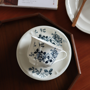 中古风咖啡杯法式复古下午茶杯子陶瓷欧式蓝色花朵红茶杯拿铁杯