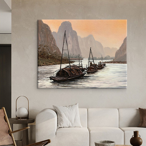 桂林山水写实风景纯手绘油画中式小溪泛舟装饰画客厅横幅肌理挂画